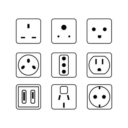 Simple line vector electric socket in flat style. Set icon illustration.のイラスト素材