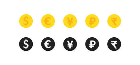 World currency, simple icon set. Coin symbol, gold tocen in vector flat style.のイラスト素材