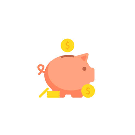 Pig bank, simple cartoon illustration. Piggy money box, save cash concept design in vector flat style.のイラスト素材
