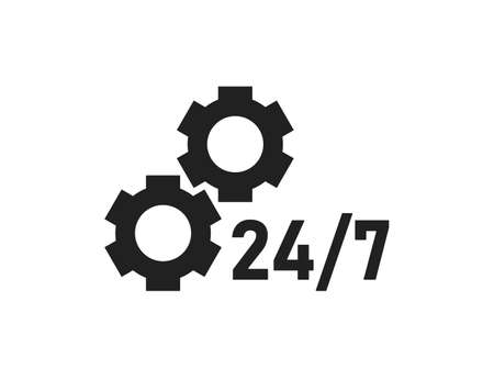 24/7 support icon. Service, gear symbol. Hour open, work logo in vector flat style.