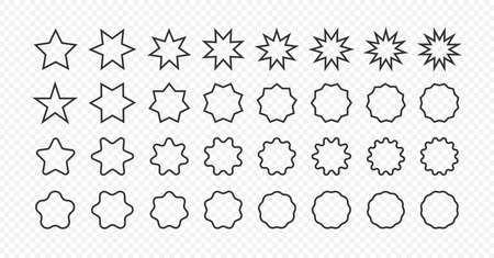 Set of star shapes. Polygonal elements. Outline geometric design symbol on transparent background. Sign for banner and sale in vector flat style.のイラスト素材