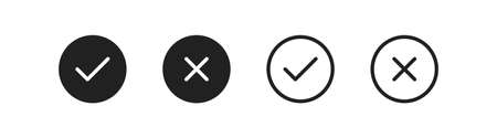 Check mark icon set. Cross web sign. Yes, no symbol in vector flat style.のイラスト素材