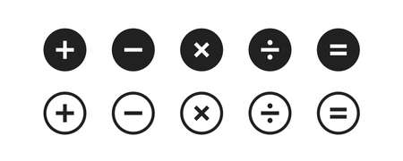 Plus and minus icon set. Math symbol. Add sign. Multiply icon. Calculator button, business finance concept in vector flat style.のイラスト素材