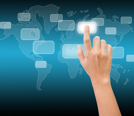 hand pushing the button on the blue world background