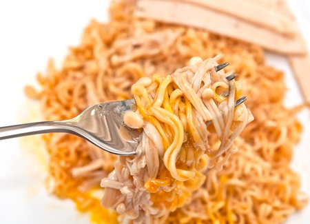 macaroni with mushroom and forkの写真素材