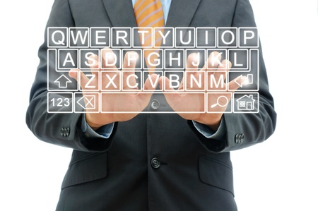 Business people typing touchscreen keyboard isolated on whiteの写真素材