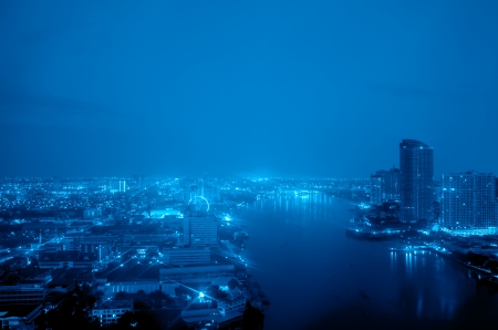 Blue night city and river view, Bangkok, Thailandの写真素材