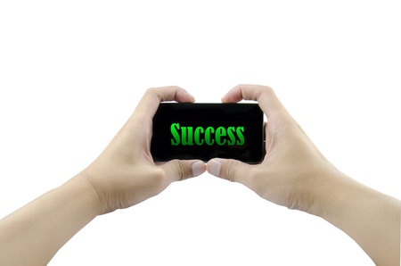 hand on mobile with successの写真素材