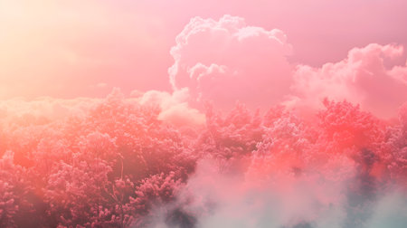 A dreamy landscape with pink clouds and vibrant trees, evoking a serene atmosphere.の素材