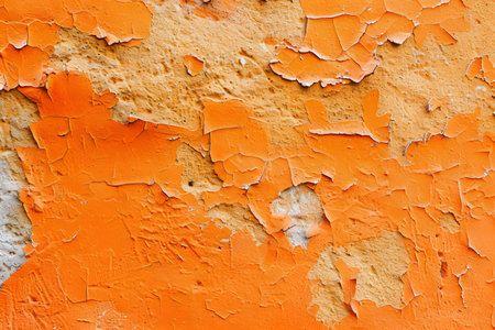 Close-up of a textured wall with peeling orange paint, showcasing wear and decay.の素材