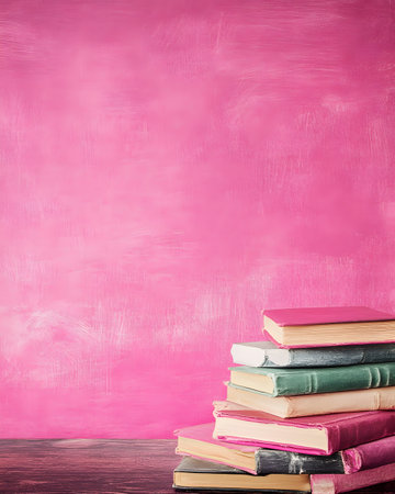 A stack of colorful books against a pink backdrop, suggesting a cozy reading atmosphere.の素材