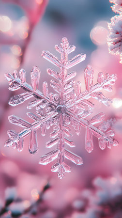 A close-up of a delicate snowflake surrounded by soft pink hues.の素材