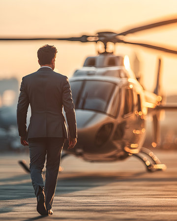 A businessman approaches a helicopter at sunset, suggesting luxury and adventure.の素材
