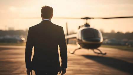 A man in a suit approaches a helicopter during sunset, symbolizing success and ambition.の素材