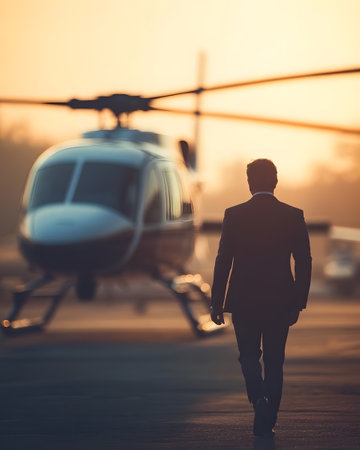 A businessman walks towards a helicopter during sunset, symbolizing luxury and travel.の素材
