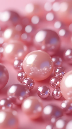 A collection of pink pearls scattered on a soft surface, creating a visually appealing arrangement.の素材