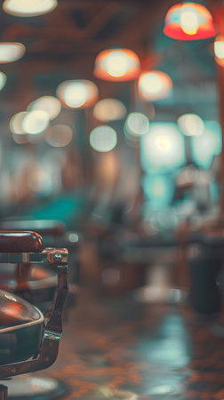 A blurred interior of a barber shop with chairs and soft lighting.の素材
