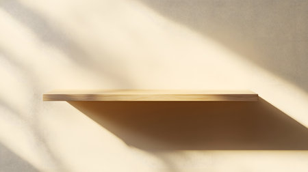 A minimalist wooden shelf casting a shadow against a softly lit wall.の素材