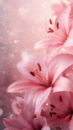 A close-up of pink lilies with a soft, dreamy background.の素材