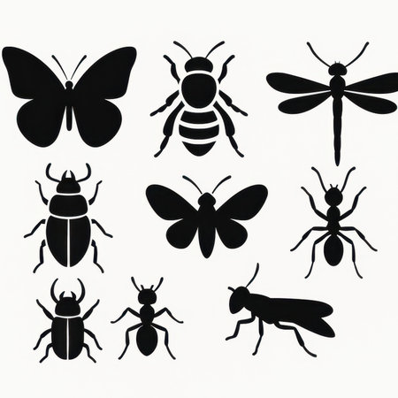 A striking collection of black insect silhouettes showcasing the diverse beauty of nature. Features butterflies bees dragonflies beetles and ants perfect for educational or design purposes.の素材