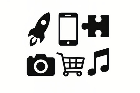 set of black icons on a white background, with a rocket, a smartphone and a puzzleの素材