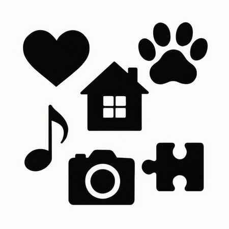 Set of icons on the theme of pets. Dog, cat, house, heart, puzzle, note, key. Isolated on white background.の素材