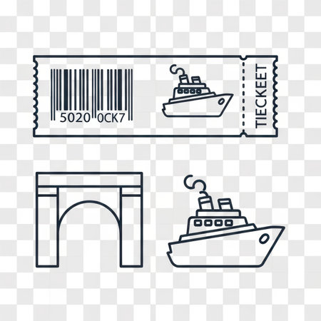 Boat ticket arch line art drawing ship building ticket and arch isolated illustration design.の素材