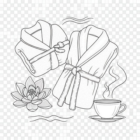 Spa outline with robes, lotus and cup. Includes bathrobes, lotus flower, teacup illustration. Highlights relaxation, wellness, pampering, self-care for body treatment.の素材