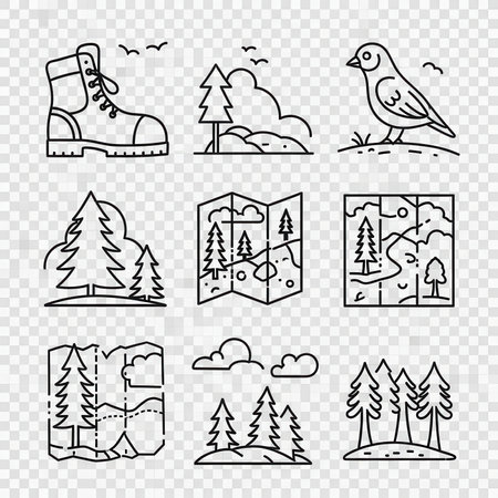 Set of hiking and camping icons. Vector illustration in outline style.の素材