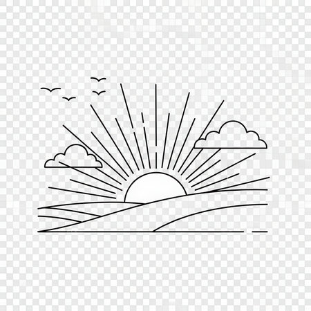 Minimalist landscape vector illustration simple line art sunset sunrise background field hills cloudsの素材