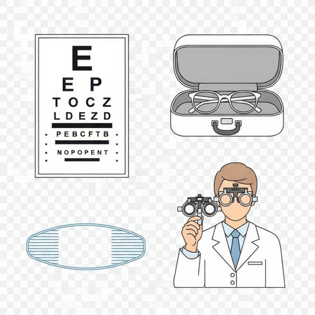 Eye exam design elements compilation includes eye chart, glasses, and optometrist visuals.の素材