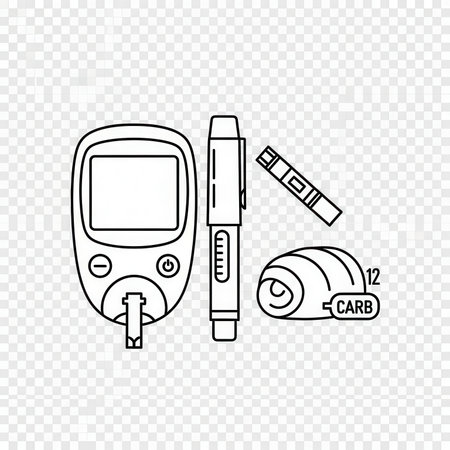 Diabetes health kit test monitor blood glucose level lancet carb icon sign line art illustration.の素材
