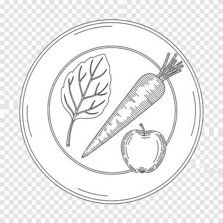 Healthy food icon plate apple carrot leaf line art design. Organic diet and balanced food icon.の素材