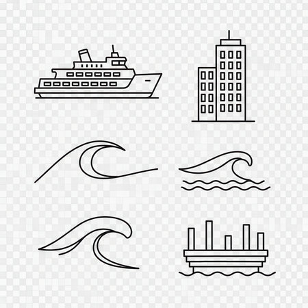 Simple sea icon collection wave, cruise ship, and building line art outline symbol. Voyage design.の素材