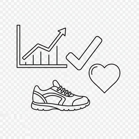 Progress graph, check mark, heart shape, and sneaker icon collection. Health growth symbolの素材
