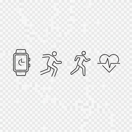 Fitness icons outline smartwatch jogging heartbeat. Sport activity running workout heart rate tracking icons.の素材