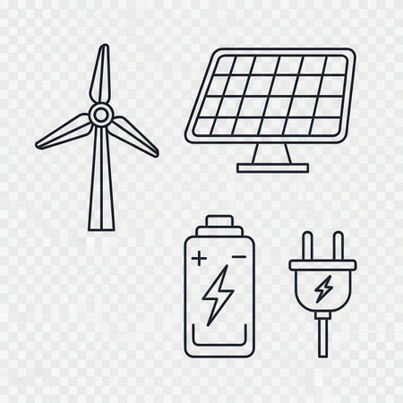 Ecological green renewable energy resources set including solar, wind, battery, plug. Alternative power source.の素材