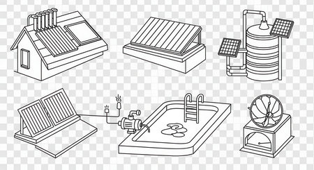 Solar energy vector line icon set. Renewable sustainable electricity equipment panel, home solution.の素材