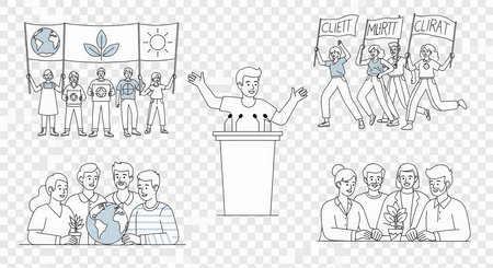 Earth day illustrations with environmental activists. Eco movement concept, climate change drawingの素材