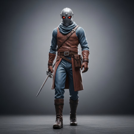 Futuristic knight with sword armor. Red eyes warrior with metallic helmet, sword fantasy costume.の素材