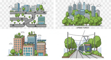 Eco city elements with green energy resource. Sustainable urban planning ecology and green transport ideas.の素材
