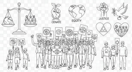 Social justice, equity theme illustration with crowd protesting and scales illustration.の素材
