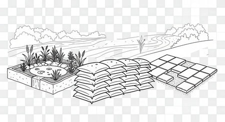 A pond landscaping scene with sandbags, stone path, river and plant details. Scenic river landscape.の素材