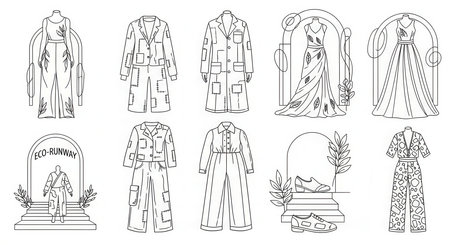 Eco-runway fashion designs collection with dresses, suits, and accessories in linear style illustration.の素材