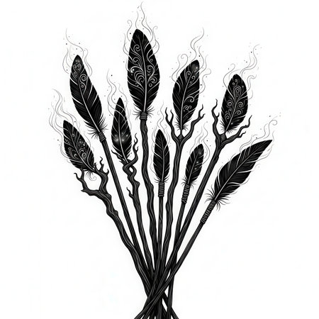 Magic feather collection on branches for divinatory practices, spiritual concepts, fantasy projects, and artistic projects.の素材