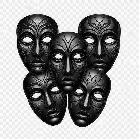 Dark masks collection with tribal geometric design. Monochrome image art. Face disguise, ritual, drama, expressionの素材