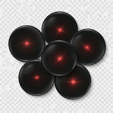 Five dark shiny spheres with red light core, perfect minimalist artwork, cosmic energy representation or futuristic concept.の素材