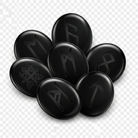 Set of black runestones with lettering for divination magic and astrology. Viking inspired with ancient mystic symbol.の素材