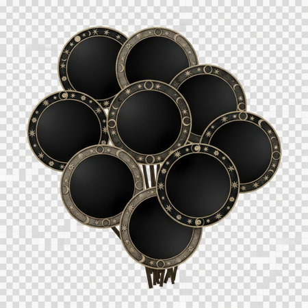 Magical dark circles art on sticks illustration against transparent backdrop. Esoteric design elements. Spiritual theme, mystical mood.の素材