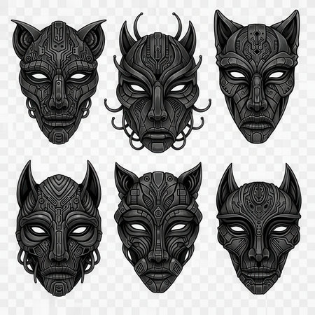 Collection of dark mechanical cyber masks with robotic design and feline influences in black. Decorative and mysterious masks.の素材